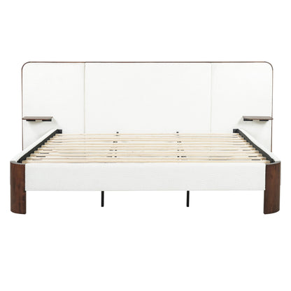 Merax King Size Upholstered Platform Bed Frame with Large Curved Headboard,Built-in Floating Shelves,Wood Slats and Metal Support for Bedroom,Noise-Free
