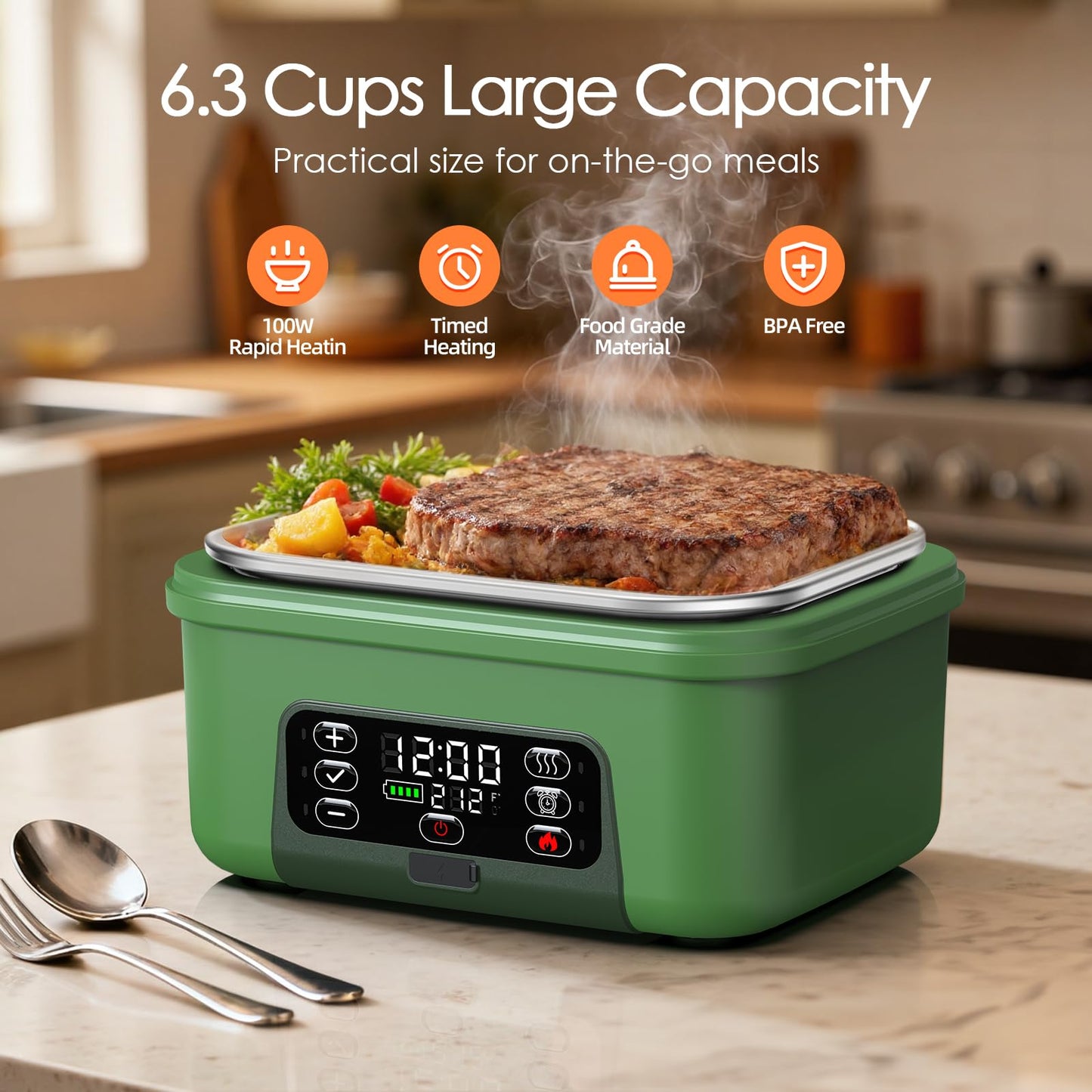 Odopok Cordless Electric Lunch Box, 6.3 Cup 100W Heated Lunch Box with 20000mAH Battery Powered for Self Heating, Including Fork Spoon and Insulated Bag for Men Women Adults, BPA Free(Dark Green)
