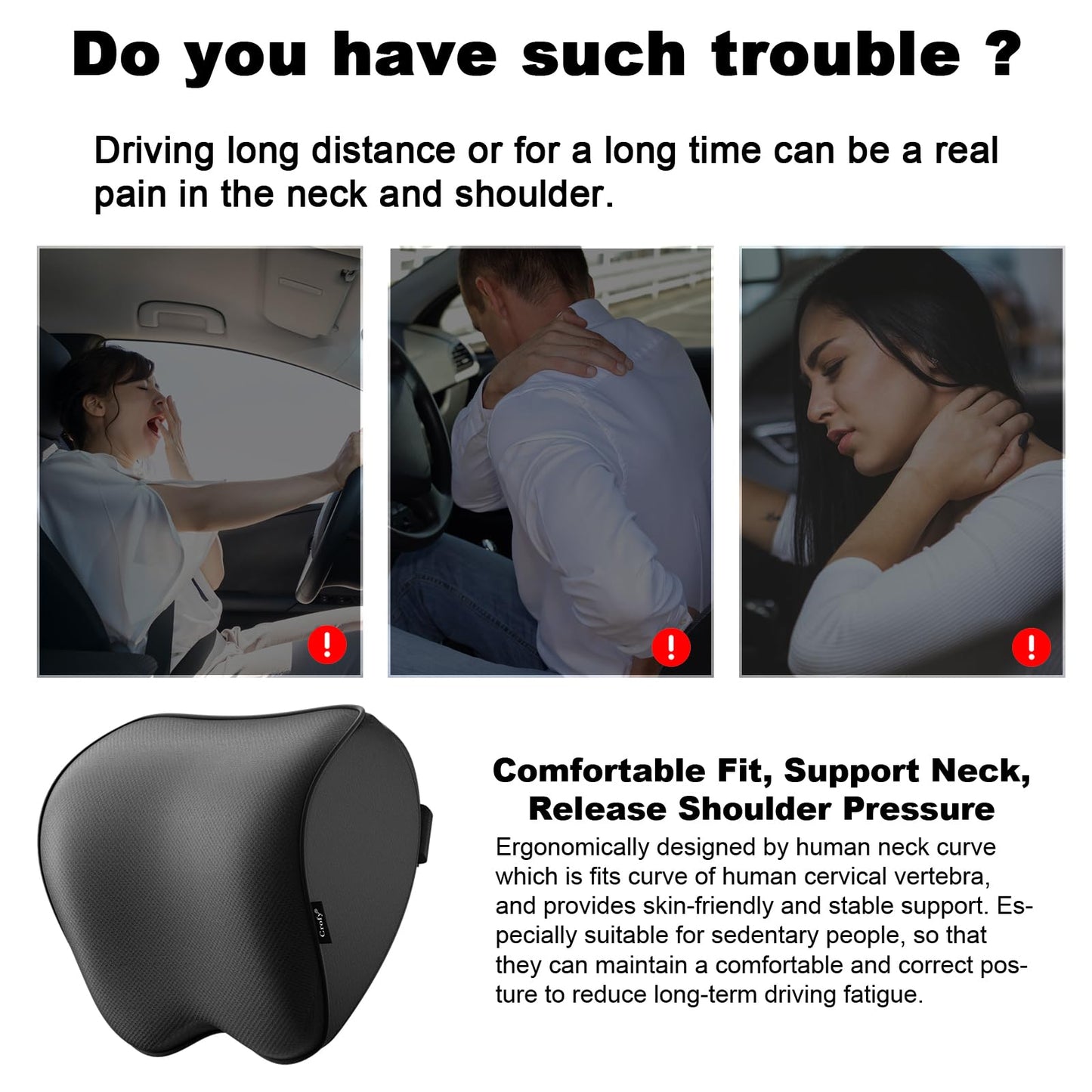 Crofy 2-Pack Car Neck Pillow, Softness Car Headrest Pillow for Driving with Adjustable Strap, 100% Memory Foam and Breathable Removable Cover, Comfortable Ergonomic Design, 4.7 Inches Thick