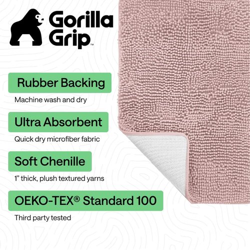 GORILLA GRIP Bath Rug Mat - Soft Chenille Microfiber, Quick-Dry & Washable | 44x26, Dusty Rose