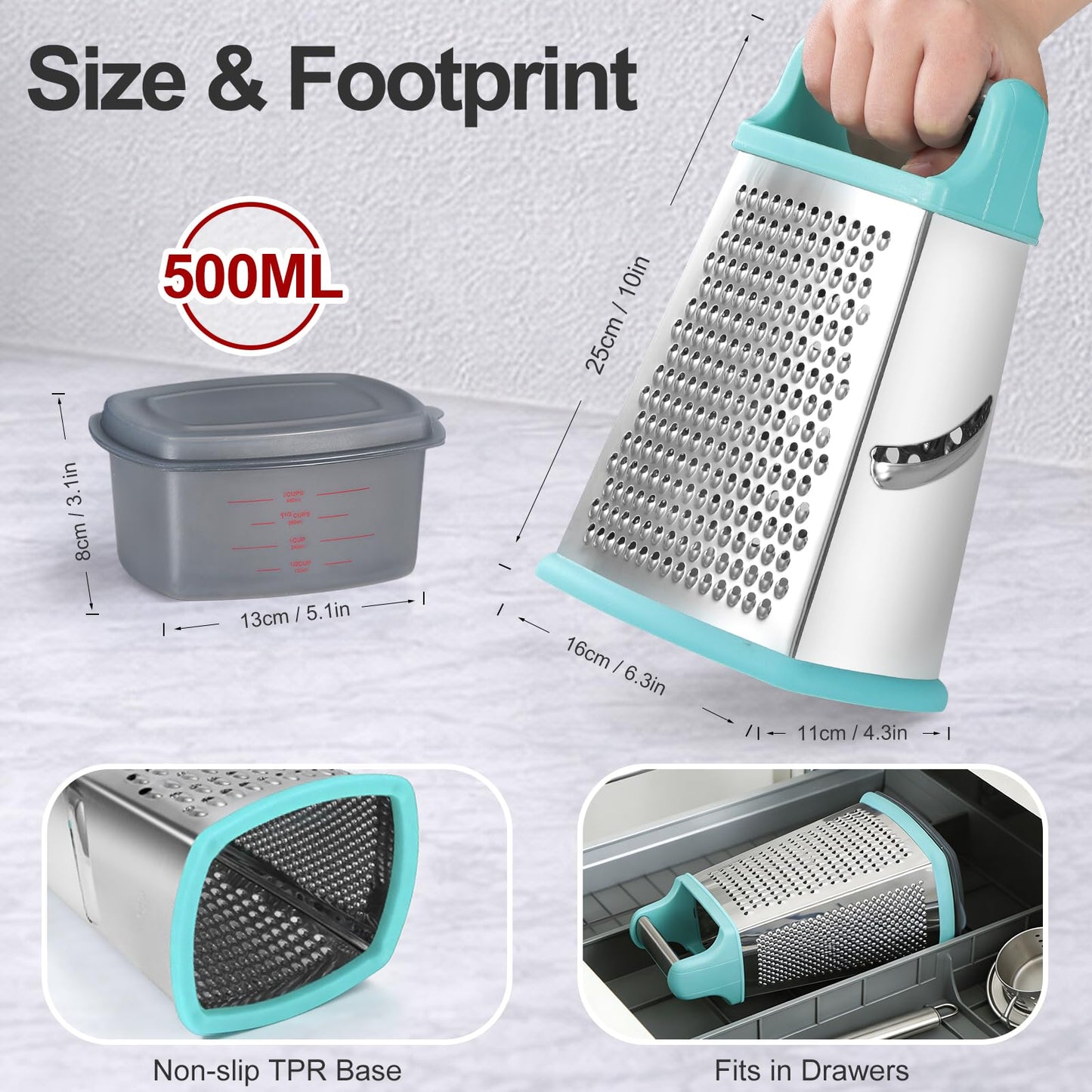 Ourokhome Cheese Grater with Handle, Stainless Steel Box Grater, 4 Side Kitchen Vegetable Shredder Slicer Zester with Container for Parmesan, Cabbage, Ginger, Lemon, Chocolate, Coconut (Teal)