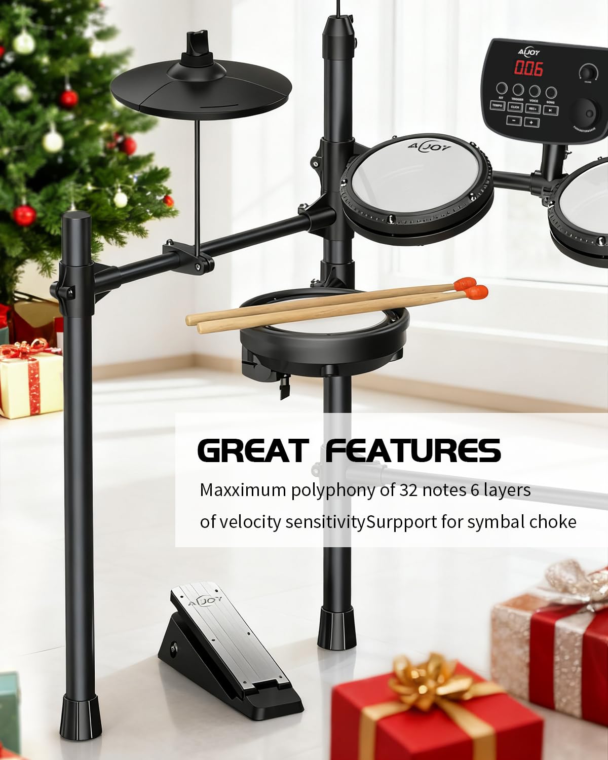 AiJoy Electric Drum Set for Beginners & Adults, Quiet Mesh Pads Digital Drum Kit, Dual-Zone Snare, 5 Drums 3 Cymbals, 195+ Sounds, USB MIDI, Includes Throne, Headphones & Sticks for Apartment Practice