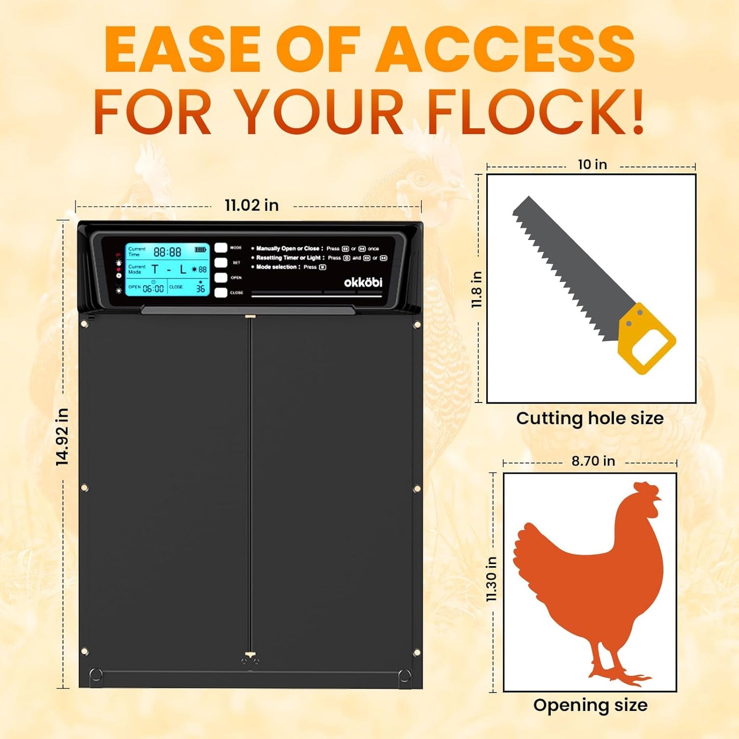 Anti-Pinch 11.3" 8.7" 5-Year Extra Large Automatic Chicken Coop Door Solar Powered with Remote - LCD Display, Light