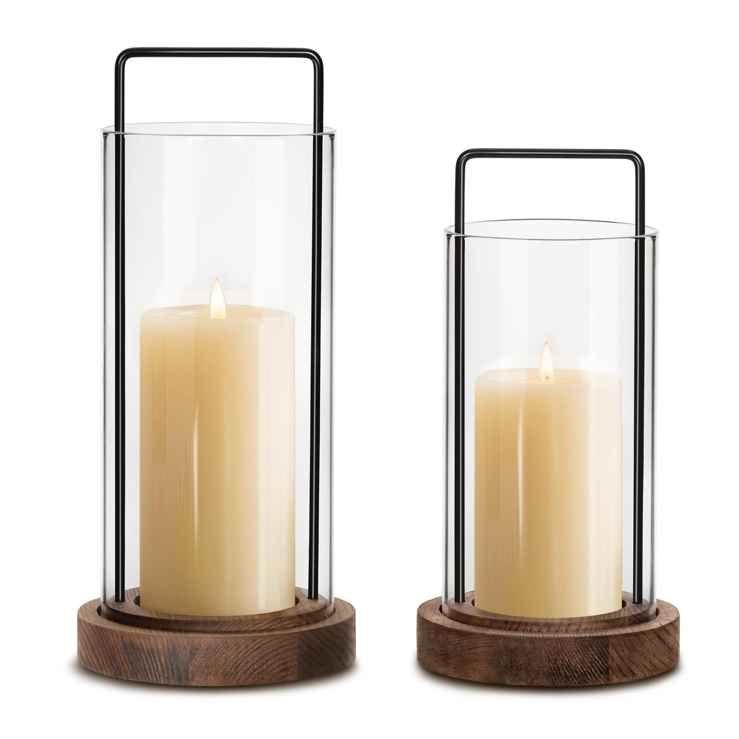Houmury Farmhouse Candle Holder Decor Boho Glass Hurricane Lantern for Table Centerpieces Set of 2 Decorative Wood Metal Candle Holders for Living Room Dining Patio Home Decoration (Brown)