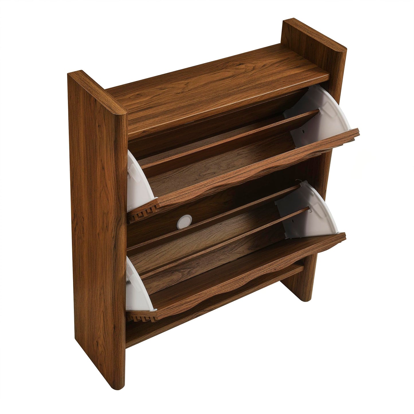 Modway Emric 35 Inch Wave Shoe Storage Cabinet in Walnut – Modern Slatted Front Shoe Rack Cabinet with 2 Flip Drawers for Entryway, Hallway, or Bedroom