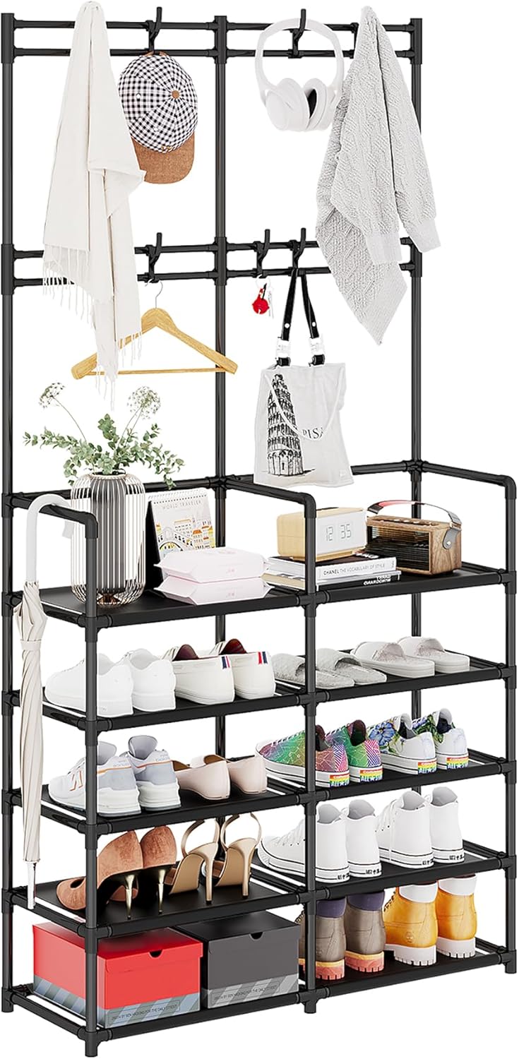 5-Tier 8 UDEAR Coat and Shoe Rack, Entryway Coat Rack with Hooks, Double Row Shoes Organizer for Living Room, Bedroom