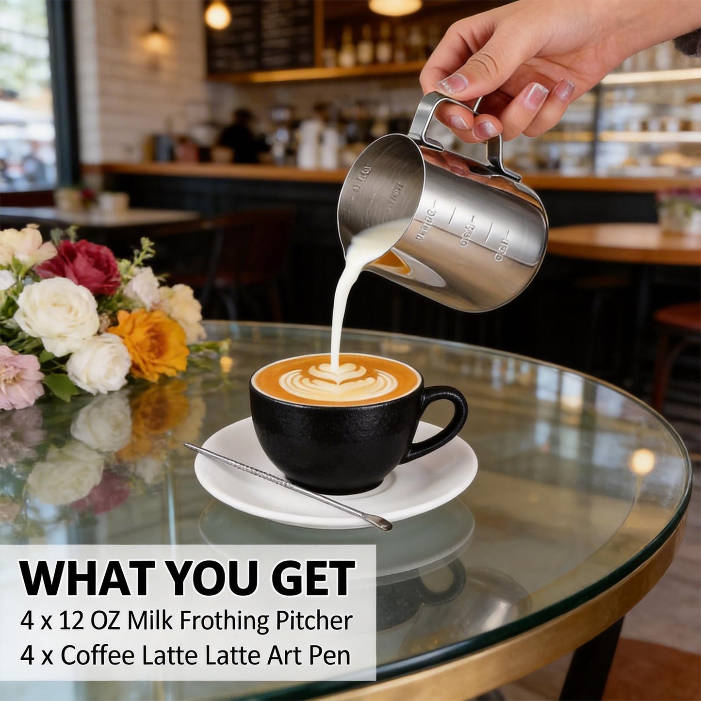 4 Pcs Stainless Steel Espresso Milk Frothing Pitcher Set with Latte Art Pen, 12 oz Milk Frother Cup, Frothing Cup for Cappuccino, Latte, Home & Cafe Use