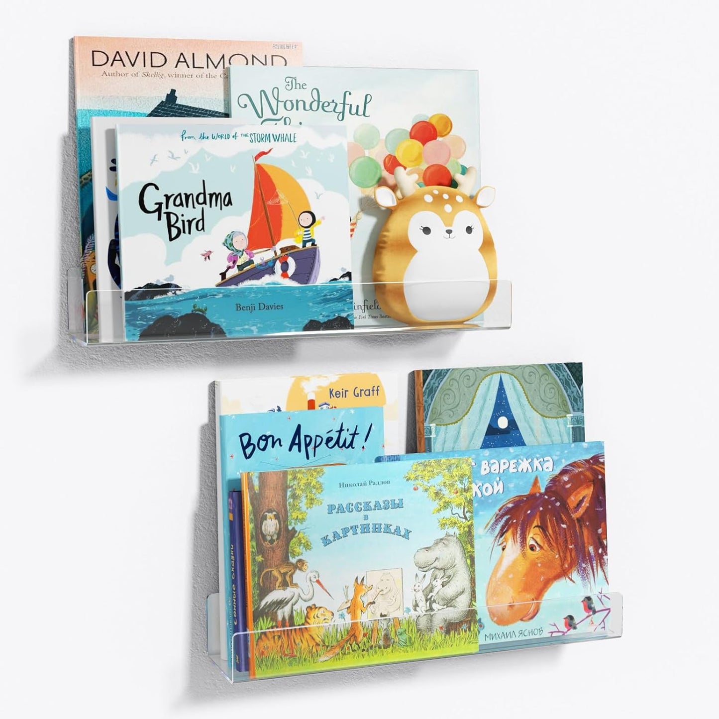 16.5-Inch 2-Pack, NIUBEE Acrylic Floating Bookshelves, Clear Modern Wall Shelves for Child/Toddler Invisible Ledge Book