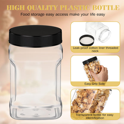 Geiserailie 6 Pcs Square Clear Plastic Jars with Pinch Handle Plastic Storage Container with Screw-on Lids Reusable Wide Mouth Canisters for Dry Good Peanut Cookies Candy (32 oz,Black Lids)