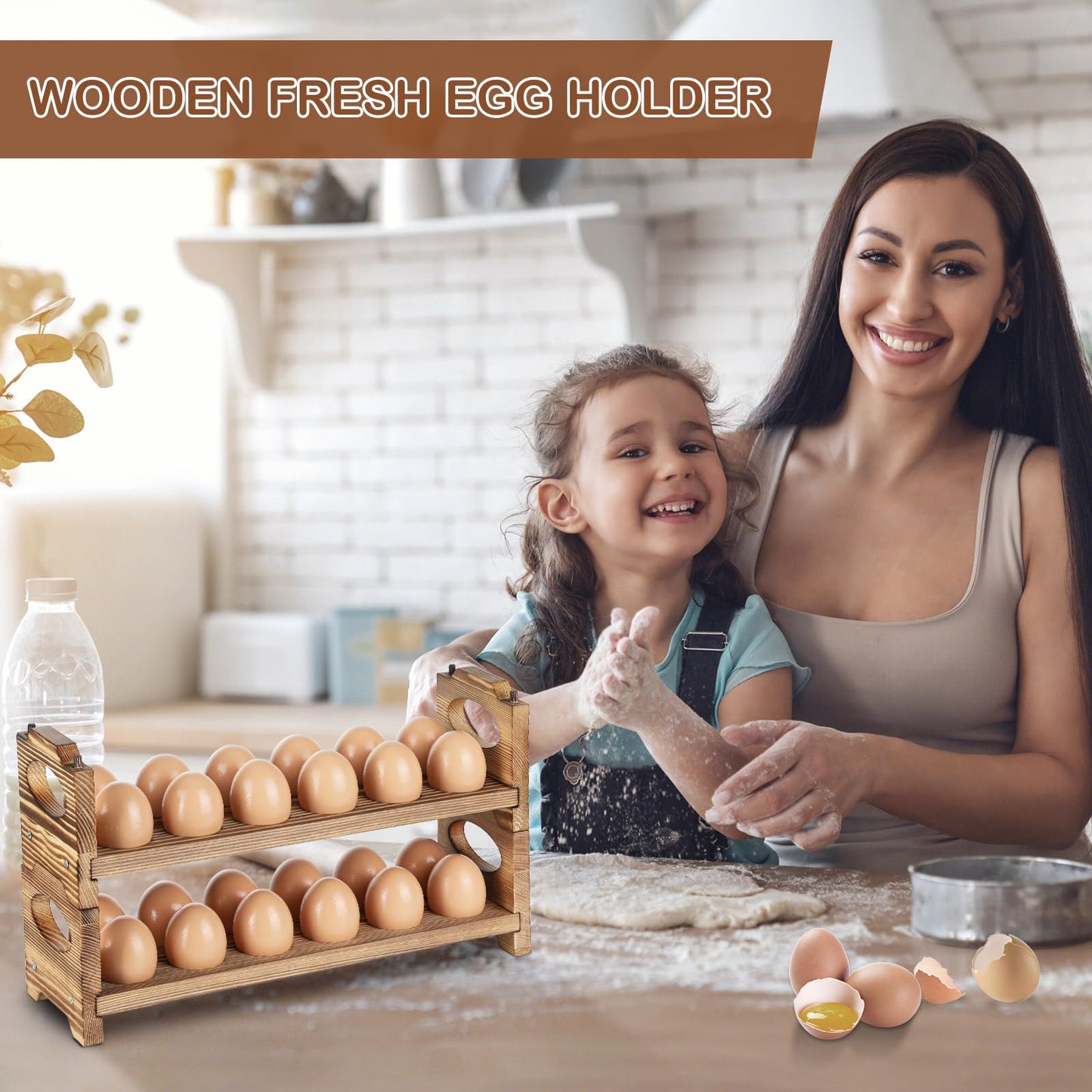 AOOHOOA Wooden Egg Holder Countertop, Stackable Wooden Egg Storage & Organizer, 2-Tier /24-Hole Farmhouse Eggs Rack Wood with Handle for Fresh Eggs to Store Chicken/Duck/Quail/Turkey/Easter Egg