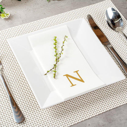15.8 7.9 Inch 50 Luxenap X Linen-Feel Guest Towels, Lettered Hand Towels - Gold Letter 'N', Sans Serif Font, White