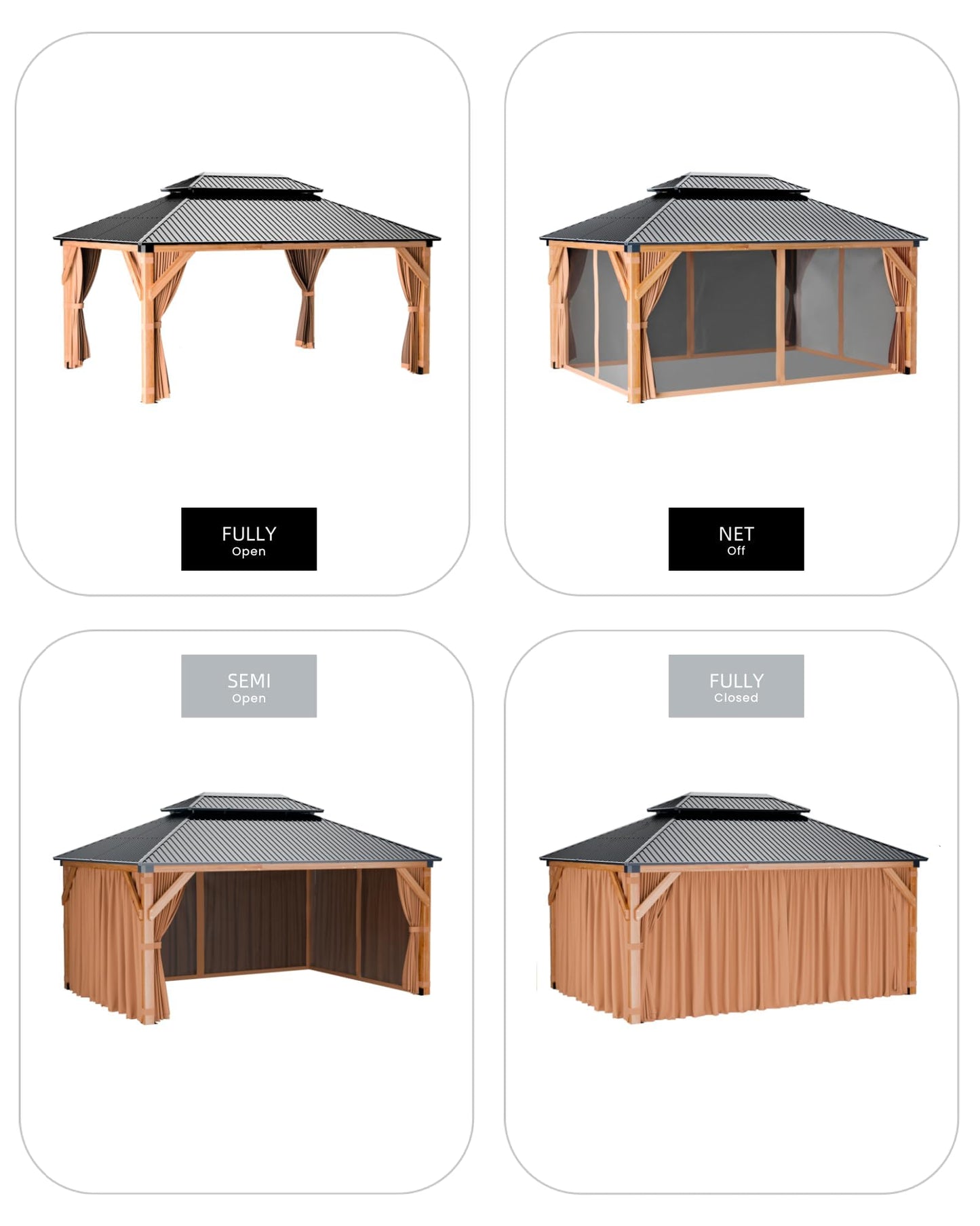 IDEALHOUSE 10x12 FT Outdoor Hardtop Wood Gazebo with Cedar Frame, Double Galvanized Steel Roof, Patio Pavilion with Curtains, Mesh Netting & Ceiling Hook for Backyard, Deck, Lawn, Garden