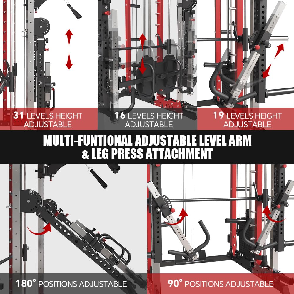 FAGUS H Commercial Smithe Machine with Weight Bench Combo,4000LBS Power Cage Squat Rack with 308lb Dual Weight Stacks,Multi-Functional Trainer Cable Crossover Machine with Lever Arm for Home Gym,Red