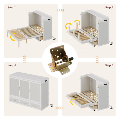 KEIKI Queen Murphy Bed Cabinet with Storage Drawers, Chest Cube Bed for Guest Room, Built-in Sockets & USB Ports, for Home Office or Small Bedroom, White