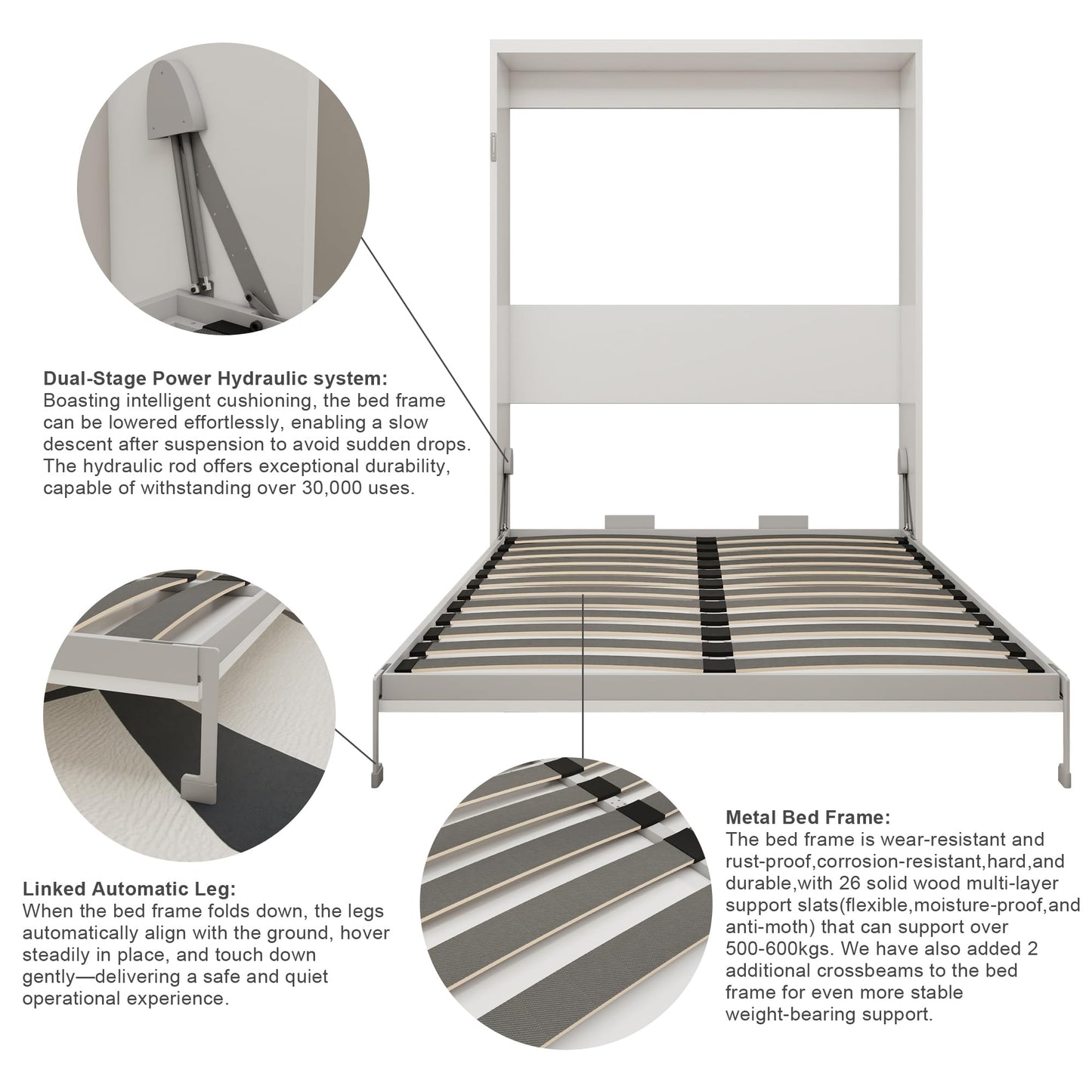 KEIKI Queen Size Vertical Cabinet Murphy Bed with Automatic Leg, Multifunctional Foldable Hideaway Wall Metal Bed Frame with Slats, No Box Spring Needed, Easy Assembly, for Bedroom, Guest Room, White