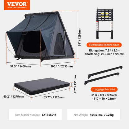 VEVOR Rooftop Tent Hard Shell, Roof Top Tent for Car SUV Truck Jeep Van Camping, Roof Tent with Telescopic Ladder Thick Mattress & LED Strip Light, 2-3 Person Family Camping Tent