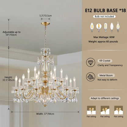SHEKAITAO Vintage 2 Layers Crystal Chandelier for High Ceilings, 18-Light Brass Chandelier, Pendant Ceiling Light Fixture for Living Room Hallway Lobby Foyer Entrance Hotel Banquet Hall, Dia 37"