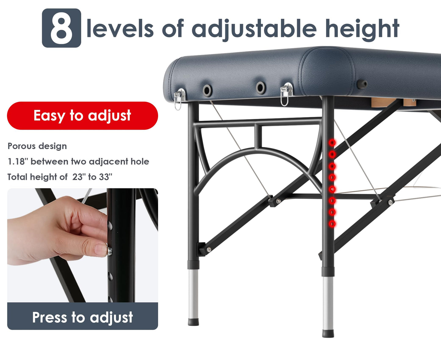 CLORIS 84" Professional Massage Table Portable 2 Folding Lightweight Facial Salon Spa Tattoo Bed Height Adjustable with Carrying Bag & Aluminium Leg Hold Up to 1100LBS Blue