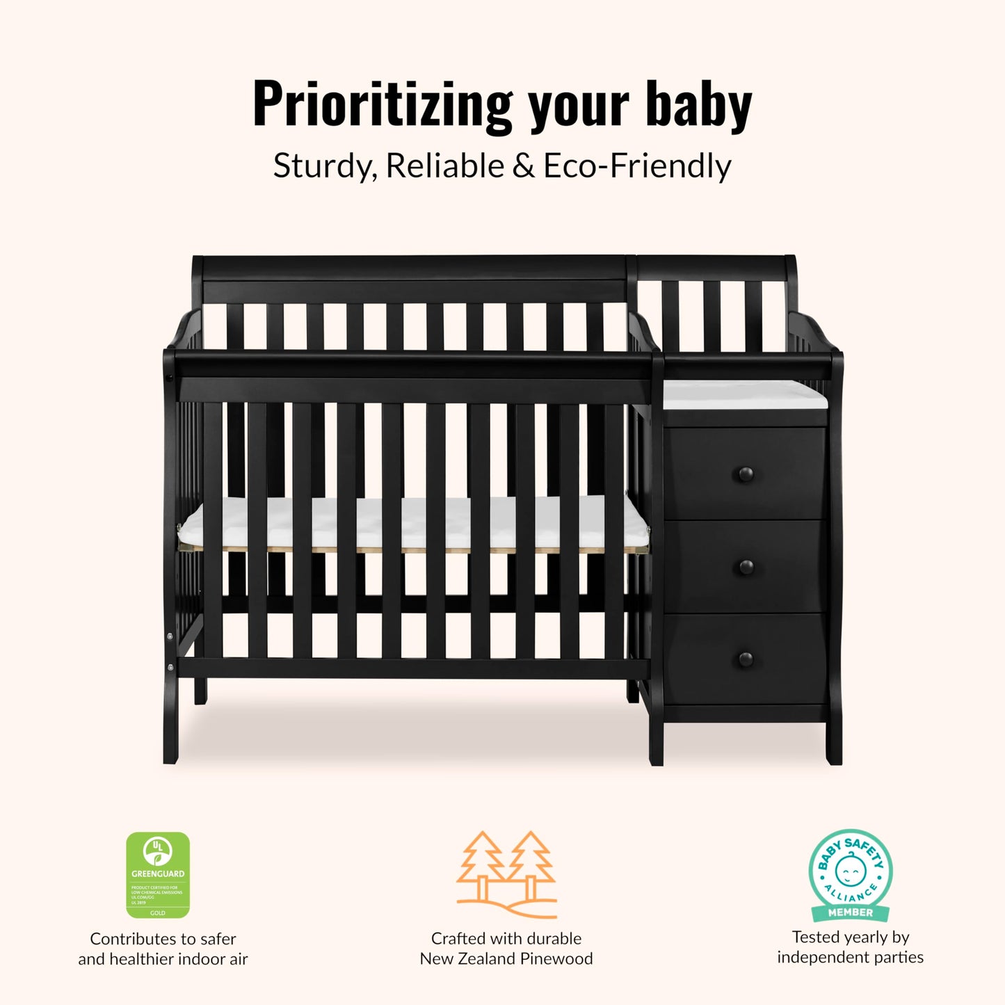 Dream On Me Jayden 4‑in‑1 Mini Convertible Baby Crib & Changer with Storage in Black, Pinewood, GreenGuard Gold & BSA, 1” Mattress Pad, 3 Mattress Heights, Converts to Mini Day & Twin-Size Bed