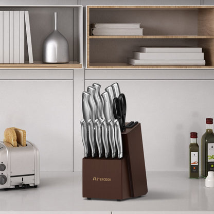 Astercook Knife Set, 15-Piece Kitchen Knife Set with Block, Built-in Knife Sharpener, German Stainless Steel Knife Block Set, Dishwasher Safe