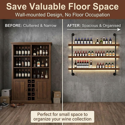 Solid Wood Wine Racks Wall Mounted with LED Lights, Modern Metal Wine Bottles Display Shelf, Industrial Iron Floating Lighted Bar Liquor Whiskey Shelves Rack for Home & Dining Room(150CM/59IN)