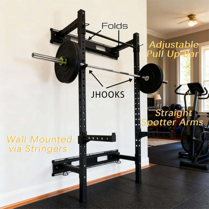 Fitvids Steel Folding Wall Mounted Power Rack Cage with Attachment Accessories - J Hooks and Height Adjustable Pull Up Bar