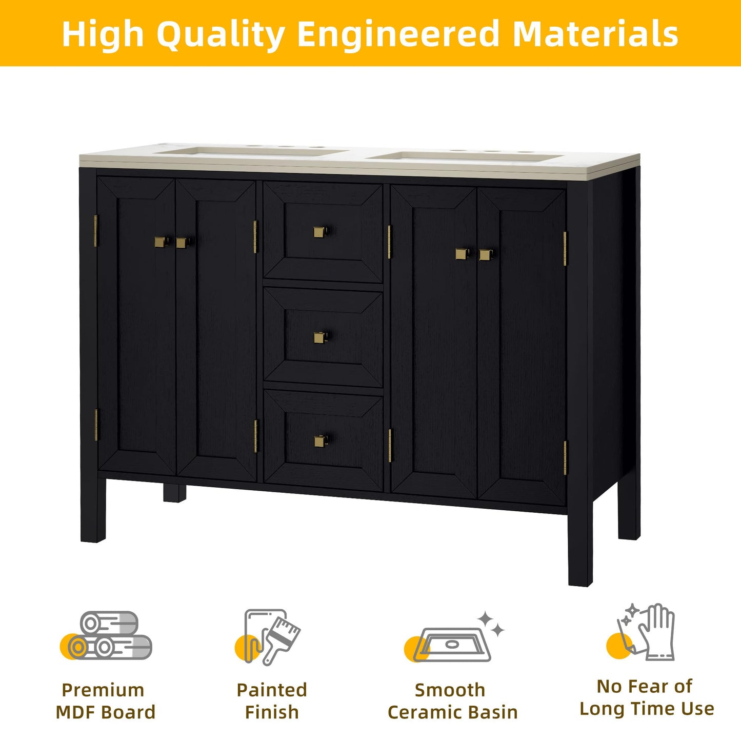 DWVO 47 Inch Bathroom Vanity with Double Sink, Retro Bathroom Storage Cabinet with Sintered Stone Countertop, Six Holes, 4 Doors & 3 Drawers