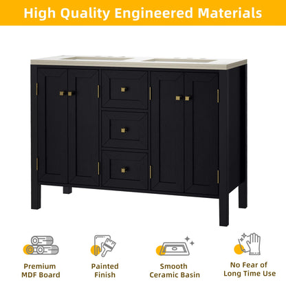 DWVO 47 Inch Bathroom Vanity with Double Sink, Retro Bathroom Storage Cabinet with Sintered Stone Countertop, Six Holes, 4 Doors & 3 Drawers