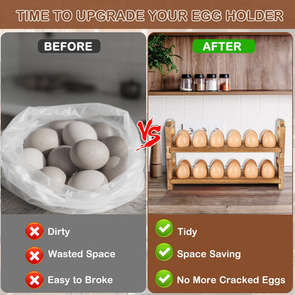 AOOHOOA Wooden Egg Holder Countertop, Stackable Wooden Egg Storage & Organizer, 2-Tier /24-Hole Farmhouse Eggs Rack Wood with Handle for Fresh Eggs to Store Chicken/Duck/Quail/Turkey/Easter Egg