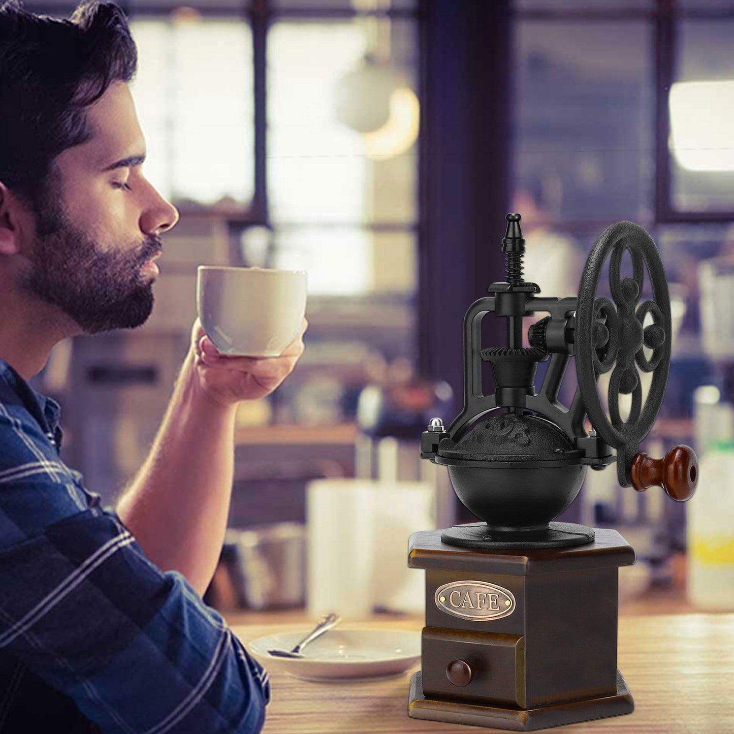IMAVO Manual Coffee Grinder, Wooden Coffee Bean Grinder with Cast Iron Hand Crank, Antique Design, Perfect for Home,Rustic,Coffee Shop Decoration,Gift