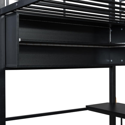 Metal Twin Size Loft Bed with Desk and LED Light,Heavy Duty Loft Bed Frame with Storage Shelves and Inclined Ladder for Kids,Adults,Twin Size,Black