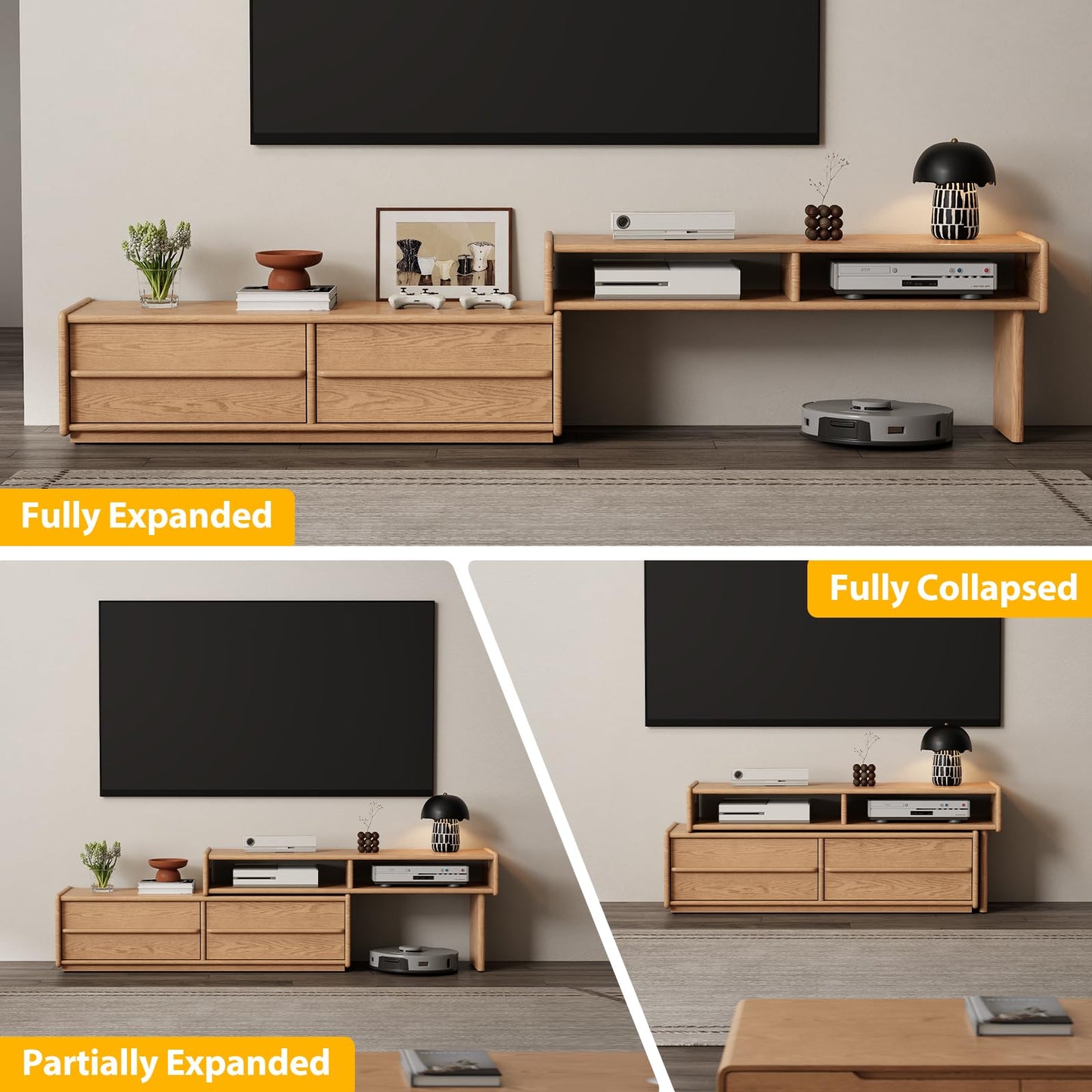 YQJJGL Extendable Solid Rubber Wood TV Stand, Space Saving Entertainment Center, TV Stand for Bedroom Living Room, Adjustable Television Cabinet Fits 42-90 Inch TVs