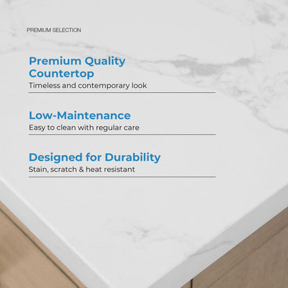 OVE Decors Athea 60 in. Double Sink Freestanding Sahara Birch Bathroom Vanity with White Engineered Marble Top, Matching Backsplash, Power Bar and Brushed Gold Hardware
