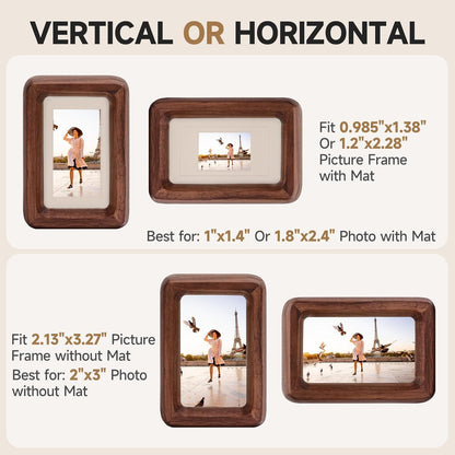 1x1.4 1.8x2.4 2x3 Solid Walnut Mini Picture Frame, Small Wood Photo Frame with Decorative Joinery Corners, Instax