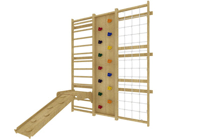 Avenlur Walnut 9-in-1 Swedish Ladder Wall Gym Set - 94.5 Inches - Trapeze Swing, Rope Ladder, Rock Wall, Rope Wall, Rock Ramp Climber, Slide, Pull-up Bar, Ladder and Swing