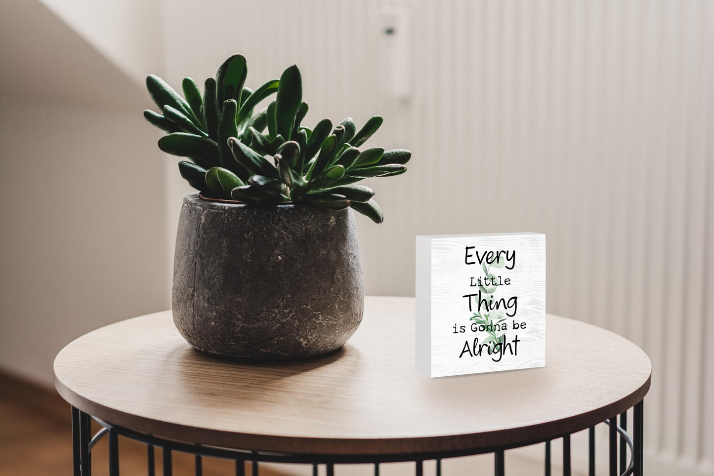Every Little Thing is Gonna Be Alright Wooden Box Sign - Inspirational Farmhouse Plant Home Desk Shelf Tabletop Wall Decor (White Wood Sign 5x5 Inch)