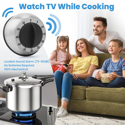 Kitchen Timer for Cooking, Chef Cooking Magnetic Timer - No Batteries Required - Loud Alarm, Mechanical Desk Manual Timers - Magnetic Clock Backing, Countdown Reminder - Stainless Steel Body