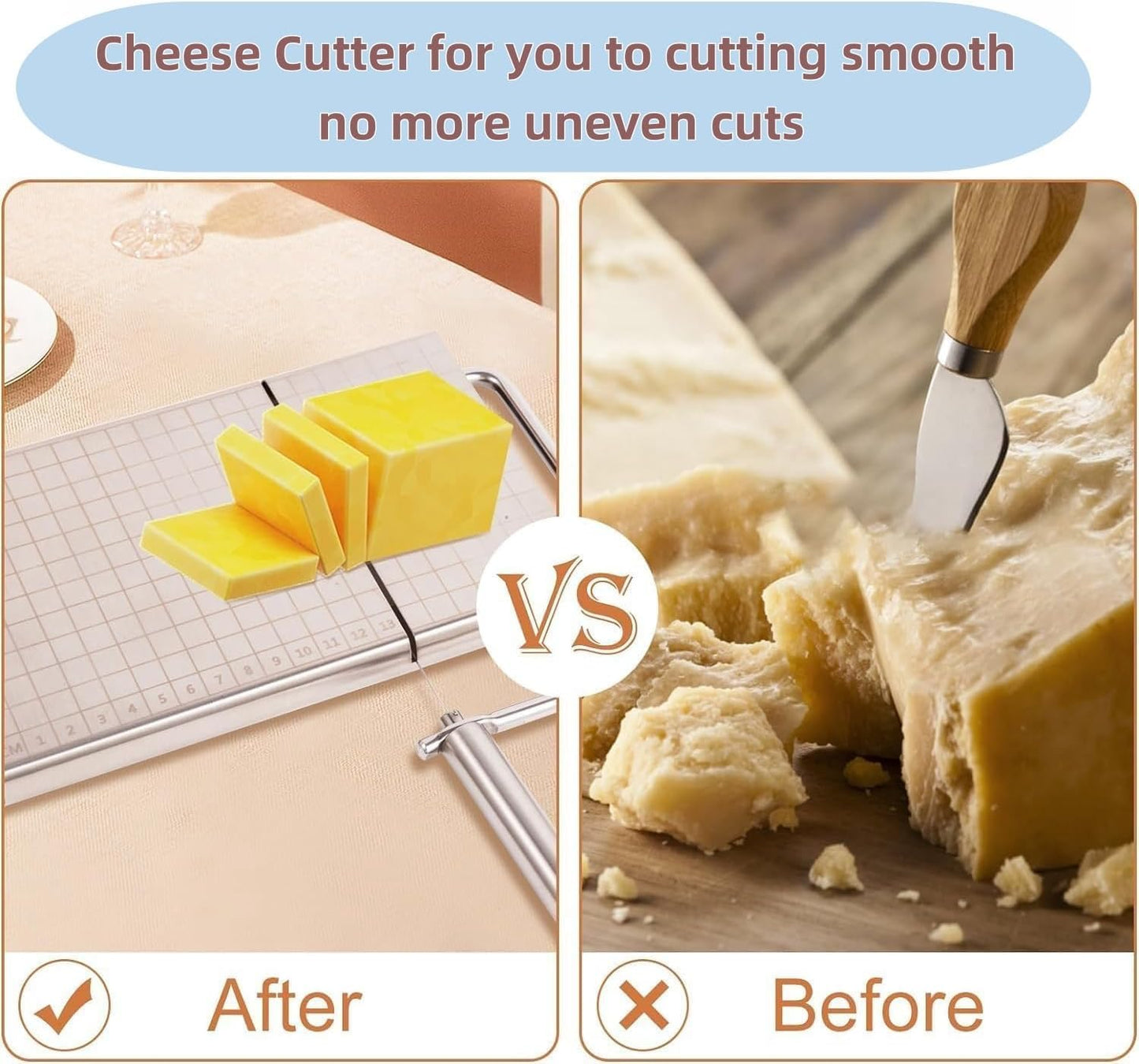 Direvcdro Stainless Steel Cheese Slicer with 5 Replacement Wires Adjustable Cheese Cutter and Cutting Board - For Block Cheese with Precision Scale for Gadget，Charcuterie etc