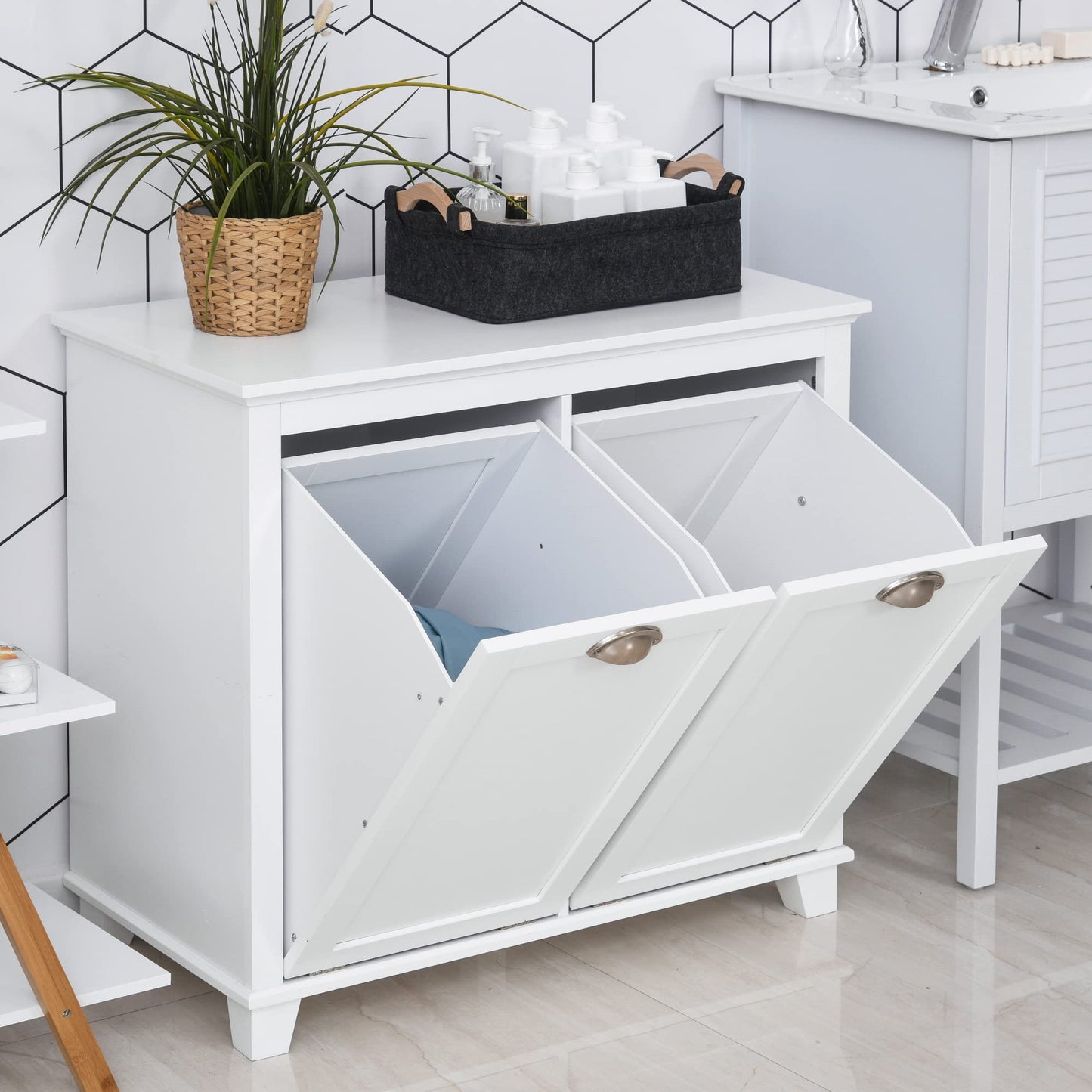 Tilt-Out Laundry Sorter Bathroom Cabinet, White