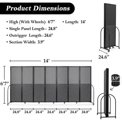 Folding Room Partition,Freestanding Privacy Divider,Portable Office Divider Wall,Commercial Space Partition Screen,Perforated Felt Panel Design,14'3"L* 6'7"H,7 Panel,Dark Grey