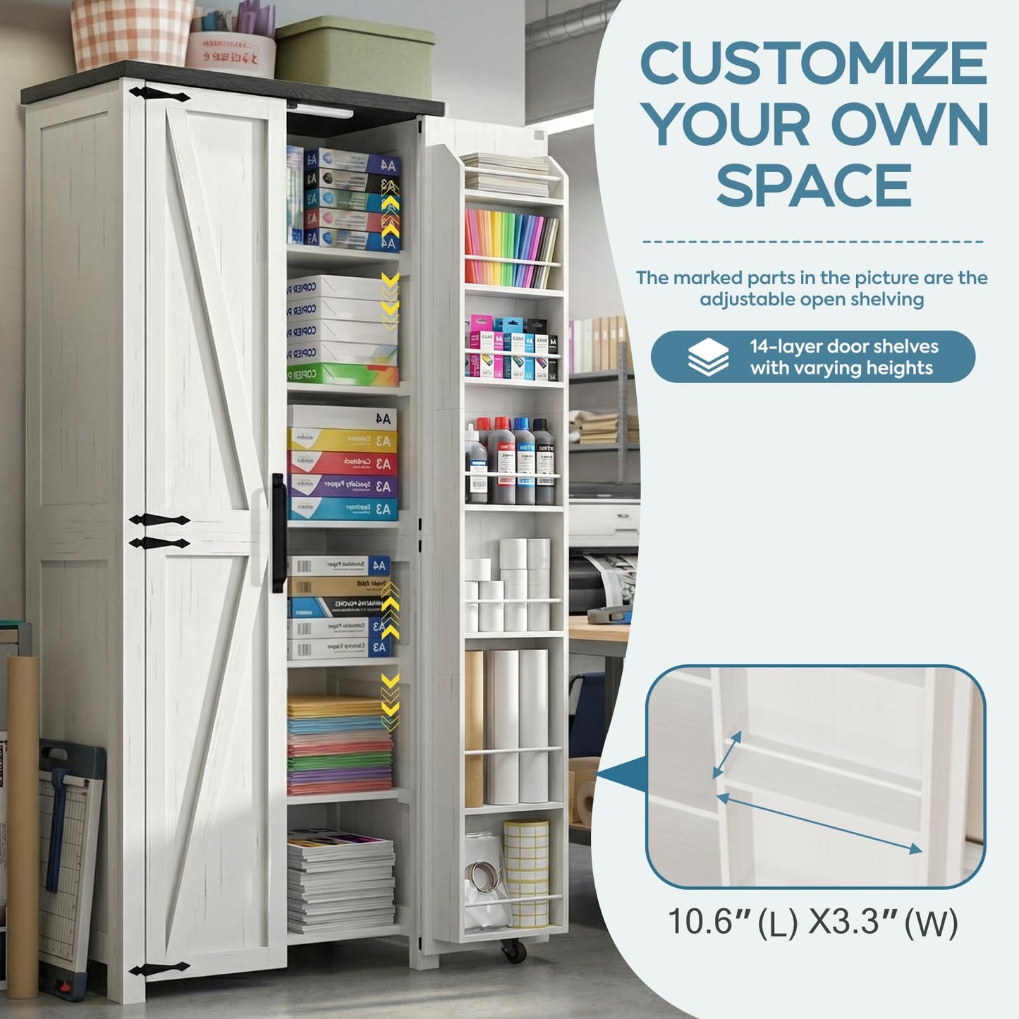 NEWOWNDS Craft Storage Cabinet with LED Lights – 72" Adjustable Shelves Scrapbooking Storage Compatible with Cricut Machine, Multi-Purpose cricut cart Cabinet for Craft Room