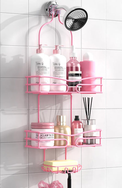 DAOYA Pink 3-Tier Over Head Shower Caddy with Soap Holder & 6 Hooks - Hanging Shower Caddy for Bathroom Organizer