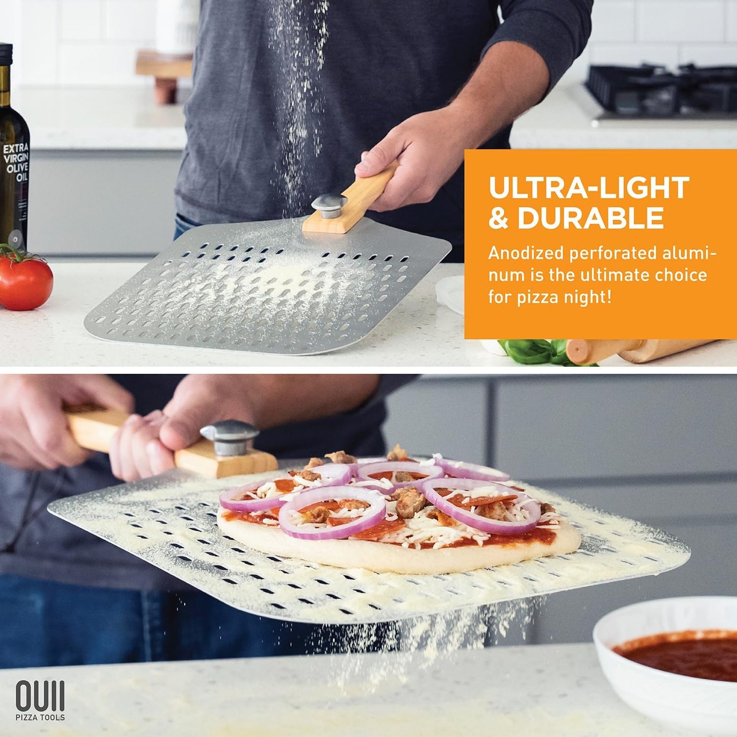 Perforated Pizza Peel 12 x 14 Inch, Paddle Spatula with Foldable Handle, Pizza Cutter Rocker 14'' Blade