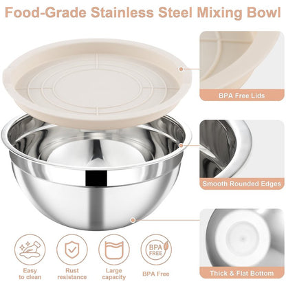 Funnydin 7 Piece Stainless Steel Mixing Bowls with Lids Set - Khaki Nesting Metal Mixing Bowls for Kitchen, Sizes 4.5, 4, 3.5, 2.1, 1.5, 1.1, 0.7 Qt for Baking, Cooking and Serving, Dishwasher Safe