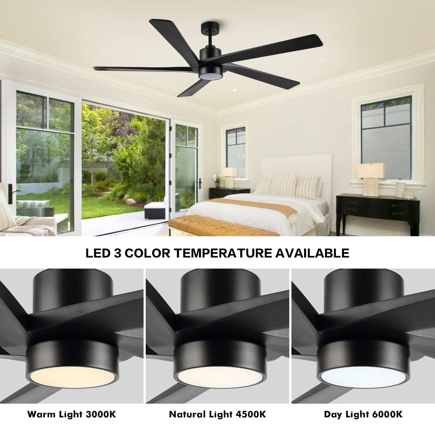 WINGBO 64" DC Ceiling Fan with Lights, 5 Carved Solid Wood Blades, 6-Speed Reversible DC Motor, Matte Black Finish Ceiling Fan with Remote, Black