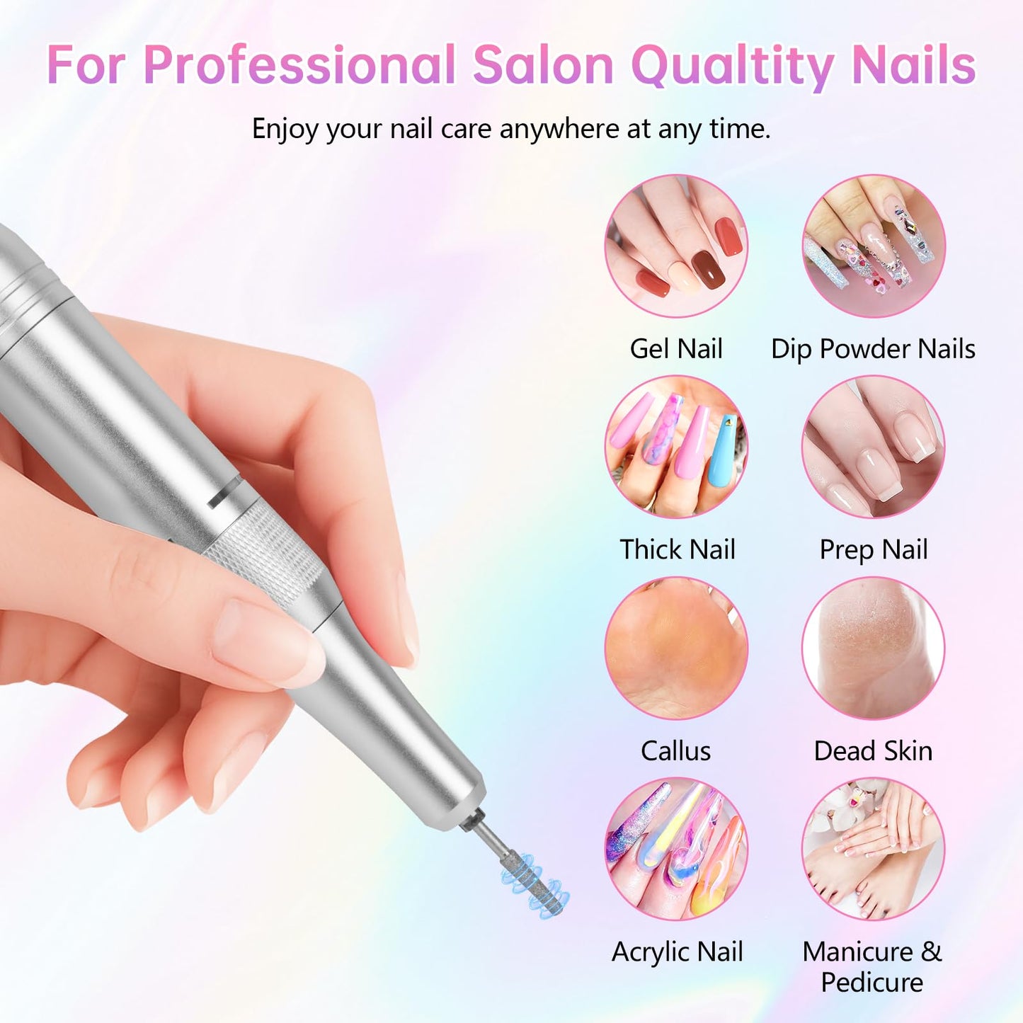 Electric Nail Drill - 45000RPM Portable Nail Drill丨Rechargeable Nail E-File Kit with 11 Bits & Base丨LED Screen丨Ultra-Silent, Rechargeable Nail Drills Machine for Acrylic Nails Gel Polishing(Pink)