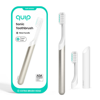 Quip Metal Sonic Electric Toothbrush for Adults - Time Travel & Soft Bristles with Travel Case & Replacement Brush Head - 3 Month Battery Life - Indigo