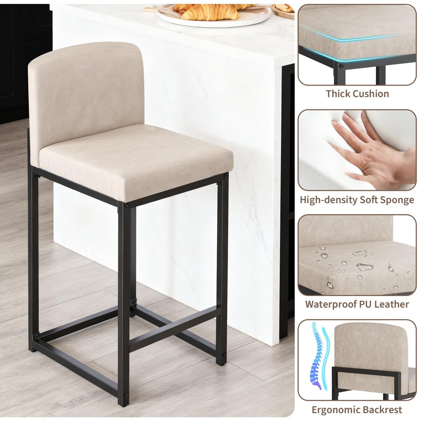 GarveeHome Bar Stools Set of 6, Modern Counter Height Bar Stools with Back and Footrest, Faux Leather Upholstered Barstools Chairs for Kitchen Island Dining Room Bar, Beige