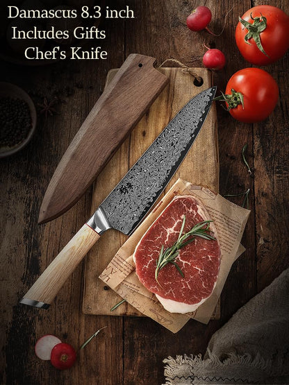 DONGSUN 8 Inch Damascus Chef Knife with North American Black Walnut Sheath, 67-Layer VG10 Forged Steel Japanese Gyuto, Professional Durable Sharpness