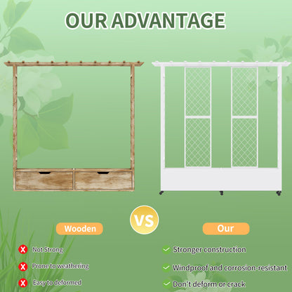Sunnibety Raised Garden Bed with Trellis & Hanging Roof, Weatherproof Metal Planter Box with Wheels, Garden Arch Trellis for Outdoor Climbing Plants Vines Flowers, 74" H x 77" L x 17" W, White
